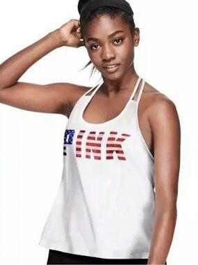 PINK Victoria's Secret White Tank with American Flag Graphic Sz L